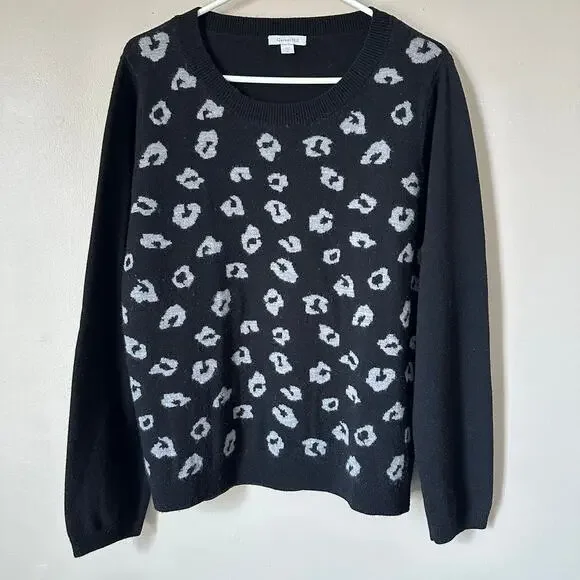 Garnet Hill Sweater Womens Extra Large Black Gray Leopard Print Wool Crewneck - Picture 1 of 8